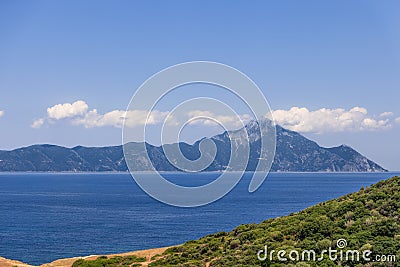 Slhouette of Mount Athos and the peninsula of the same name protruded into the Aegean Sea.Â Chalkidiki, Greece Stock Photo